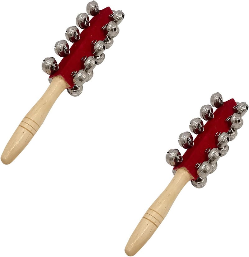 mocrcrel 2 Pcs 10 inch Wooden Handle Bells Instrument ,Stick Ring Christmas Jingle Bells Hand Percussion Shaker 21 Bells (2 Pcs) - Image 1